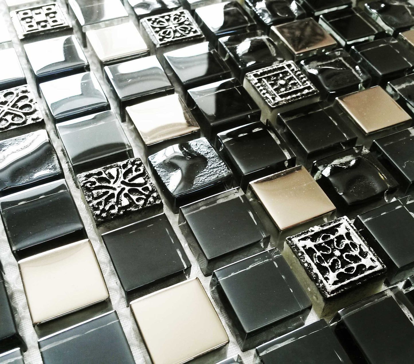 Black Ancient Pattern Silver Chrome Square Mosaic Wall Tile