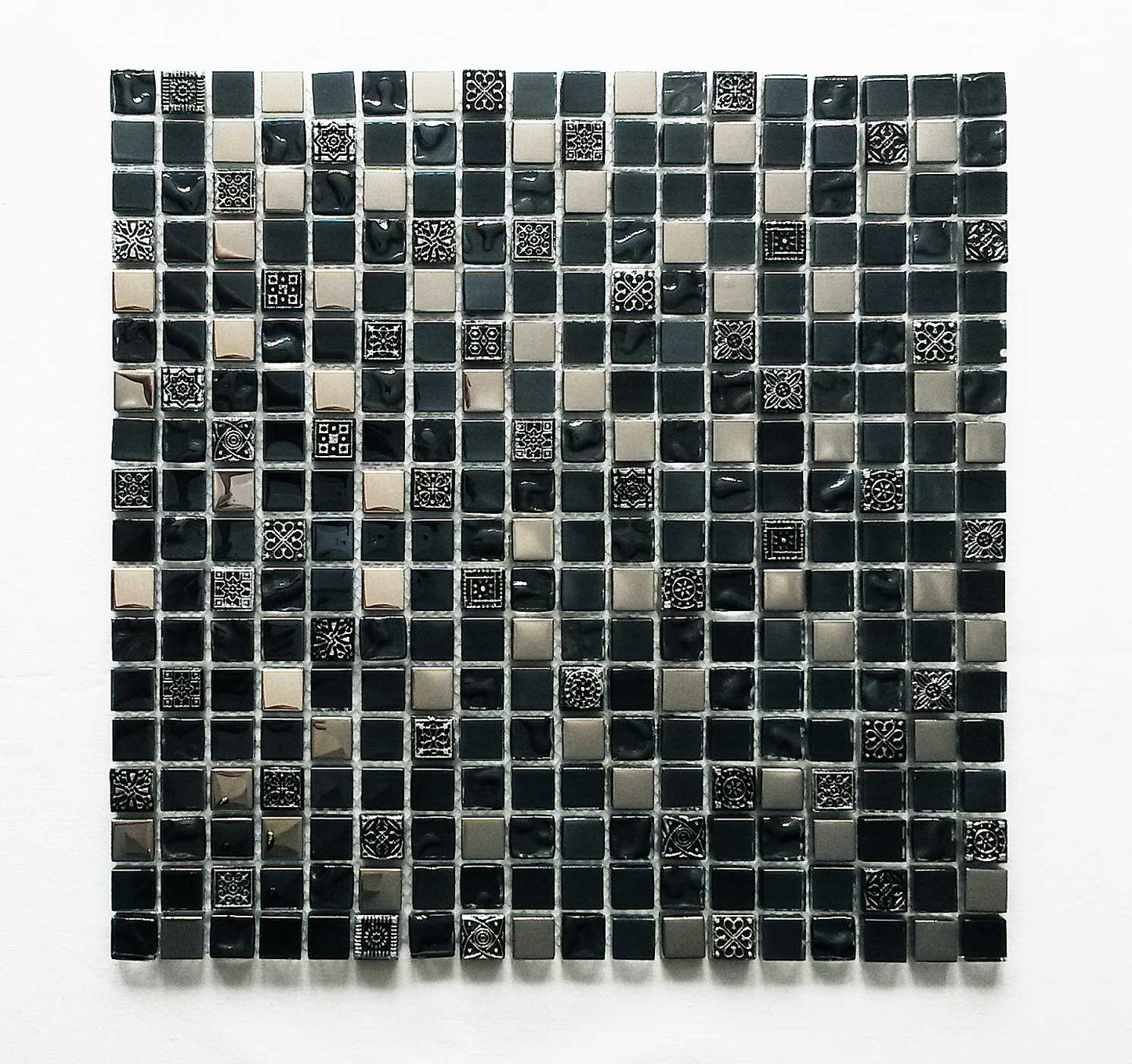Black Ancient Pattern Silver Chrome Square Mosaic Wall Tile
