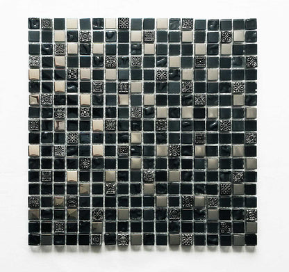 Black Ancient Pattern Silver Chrome Square Mosaic Wall Tile