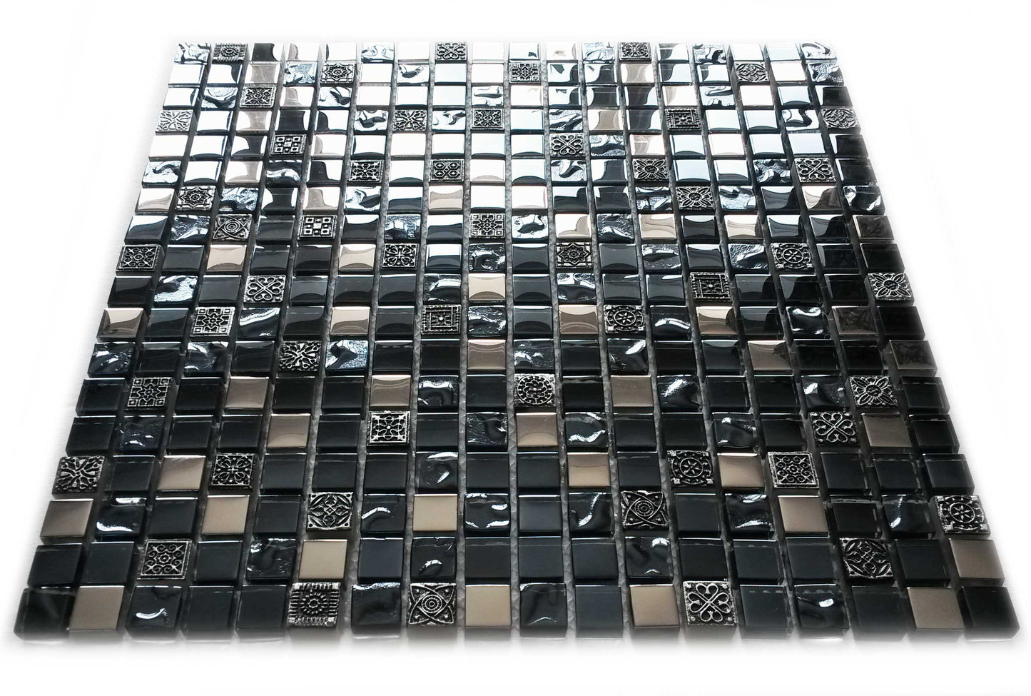 Black Ancient Pattern Silver Chrome Square Mosaic Wall Tile
