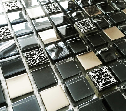 Black Ancient Pattern Silver Chrome Square Mosaic Wall Tile