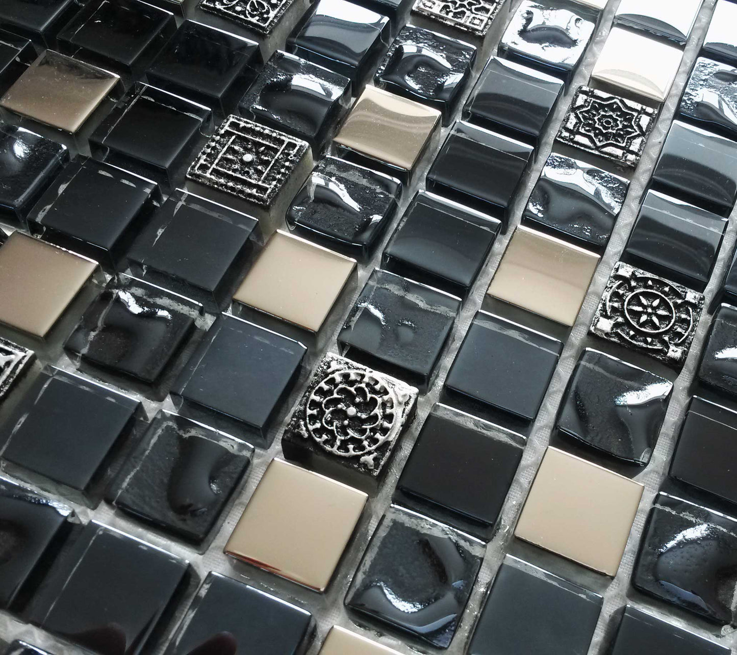 Black Ancient Pattern Silver Chrome Square Mosaic Wall Tile