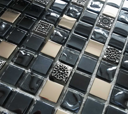Black Ancient Pattern Silver Chrome Square Mosaic Wall Tile