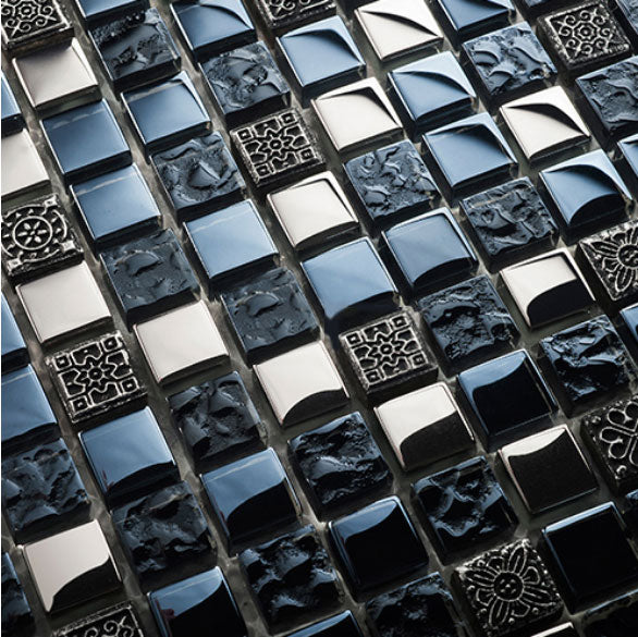 Black Ancient Pattern Silver Chrome Square Mosaic Wall Tile
