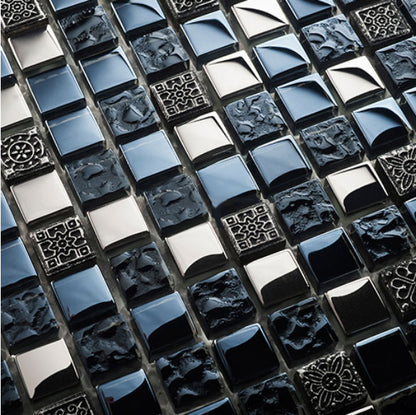 Black Ancient Pattern Silver Chrome Square Mosaic Wall Tile
