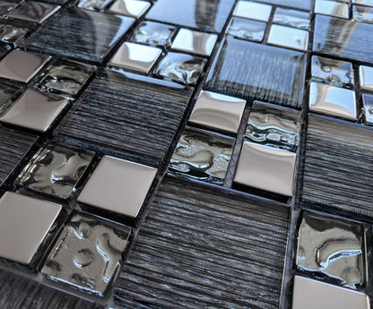 Black Glass Foil Silver Chrome Grey Metal Square Mosaic Wall Tile