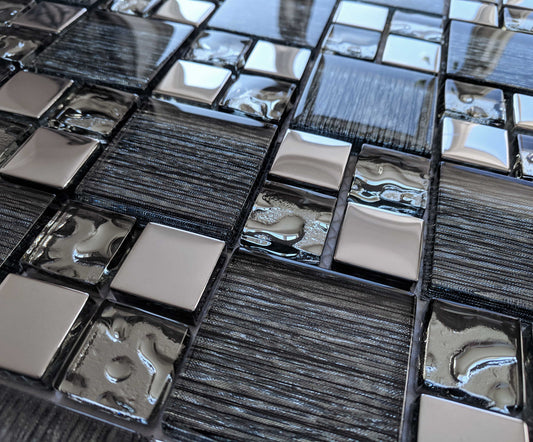 Black Glass Foil Silver Chrome Grey Metal Square Mosaic Wall Tile