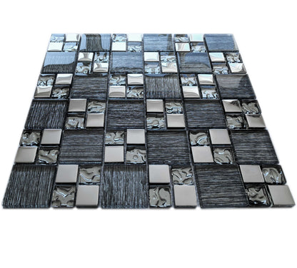 Black Glass Foil Silver Chrome Grey Metal Square Mosaic Wall Tile