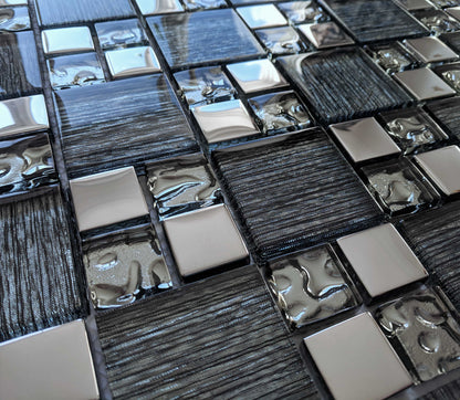 Black Glass Foil Silver Chrome Grey Metal Square Mosaic Wall Tile