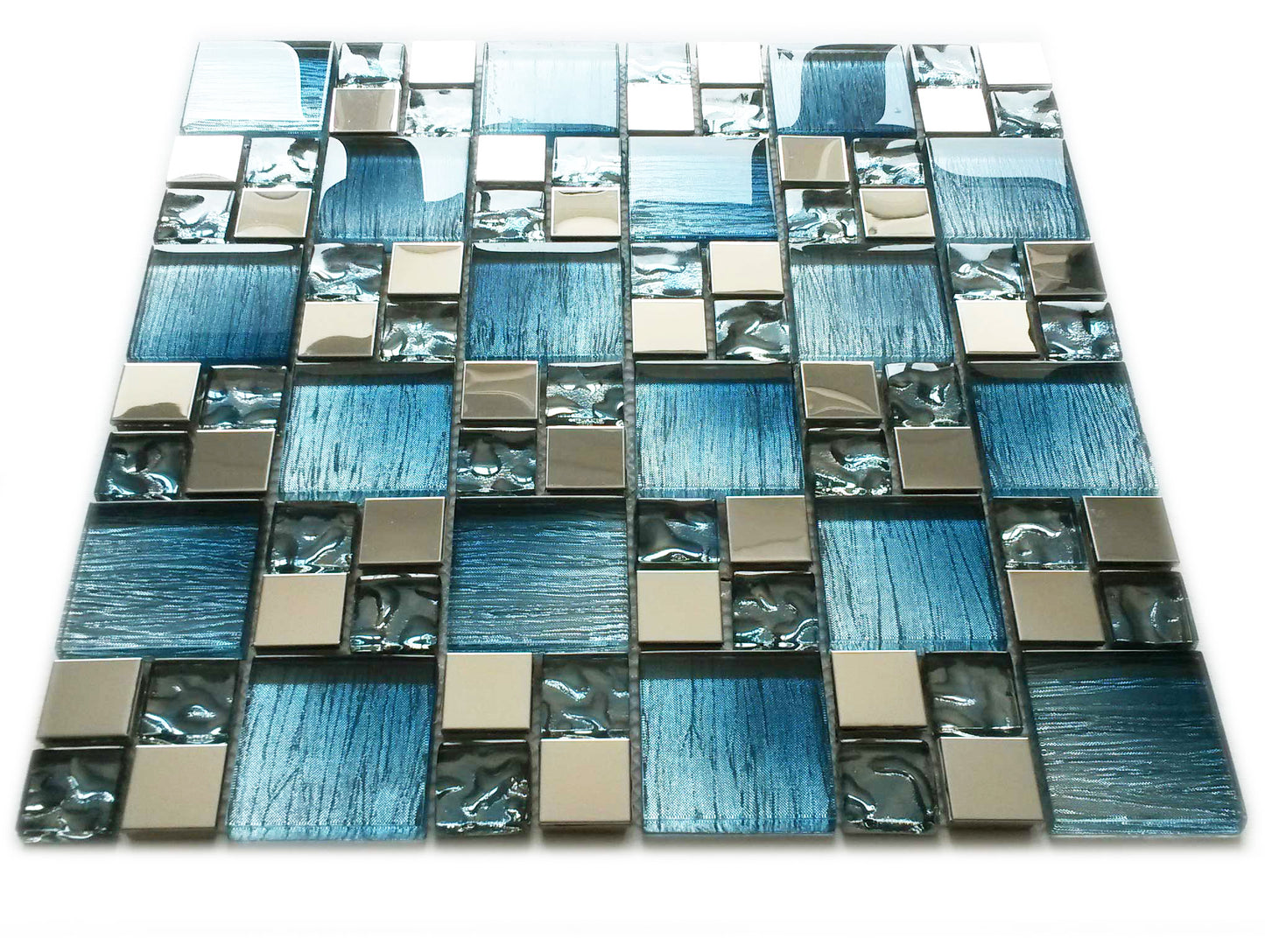 Blue Iridescent Foil Silver Chrome Metal Mosaic Wall Tile