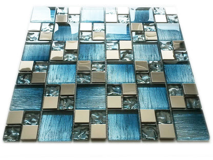 Blue Iridescent Foil Silver Chrome Metal Mosaic Wall Tile