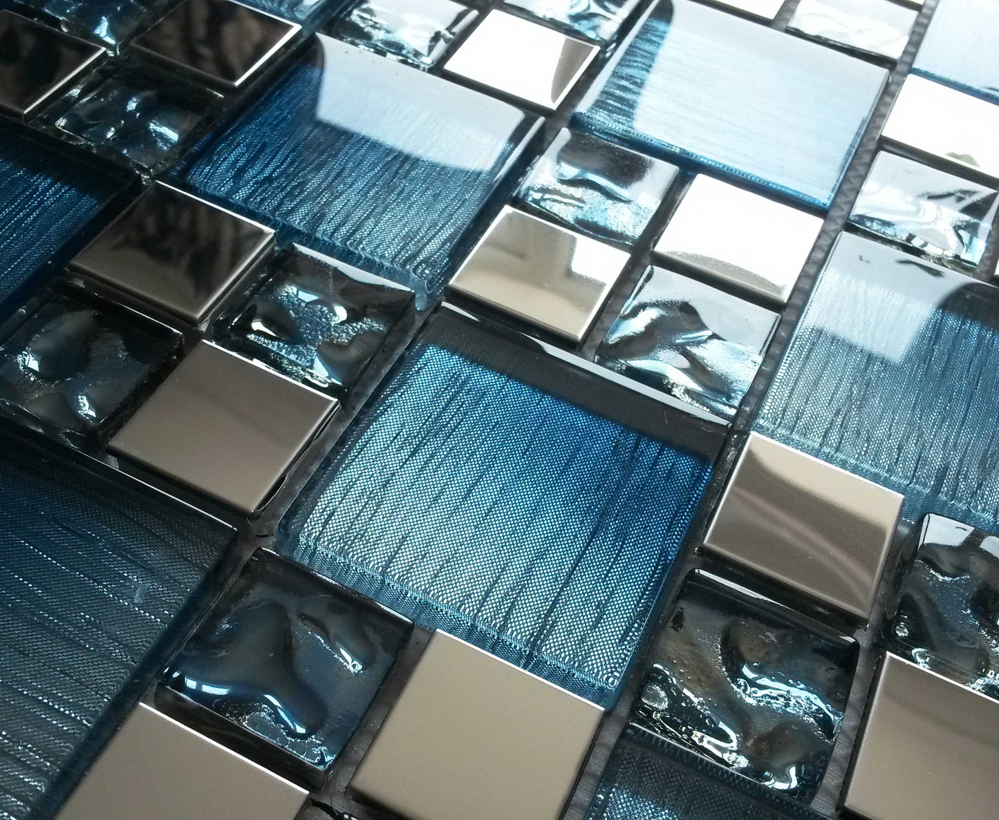 Blue Iridescent Foil Silver Chrome Metal Mosaic Wall Tile