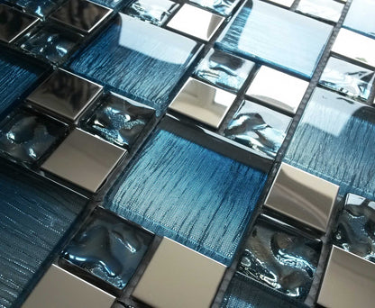 Blue Iridescent Foil Silver Chrome Metal Mosaic Wall Tile