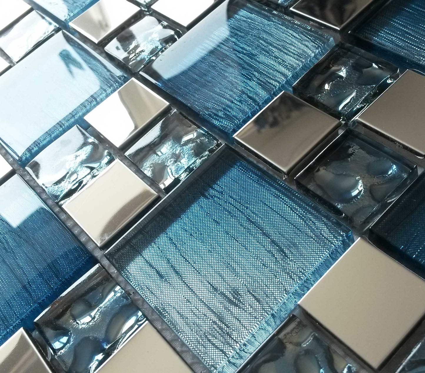 Blue Iridescent Foil Silver Chrome Metal Mosaic Wall Tile