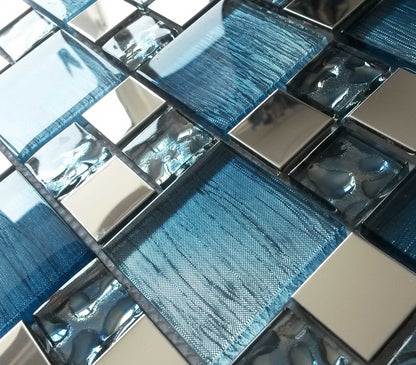 Blue Iridescent Foil Silver Chrome Metal Mosaic Wall Tile