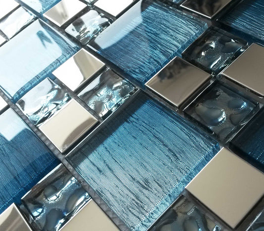 Blue Iridescent Foil Silver Chrome Metal Mosaic Wall Tile