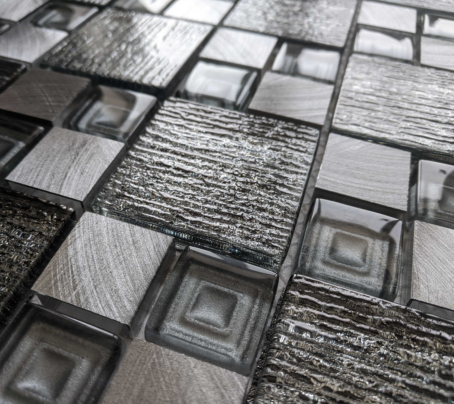 Silver Grey Textured Glass Brushed Steel Square Mosaic Wall Tile