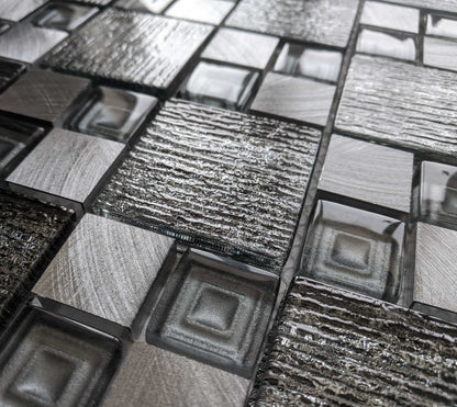 Silver Grey Textured Glass Brushed Steel Square Mosaic Wall Tile