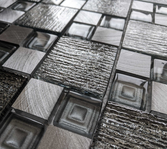Silver Grey Textured Glass Brushed Steel Square Mosaic Wall Tile