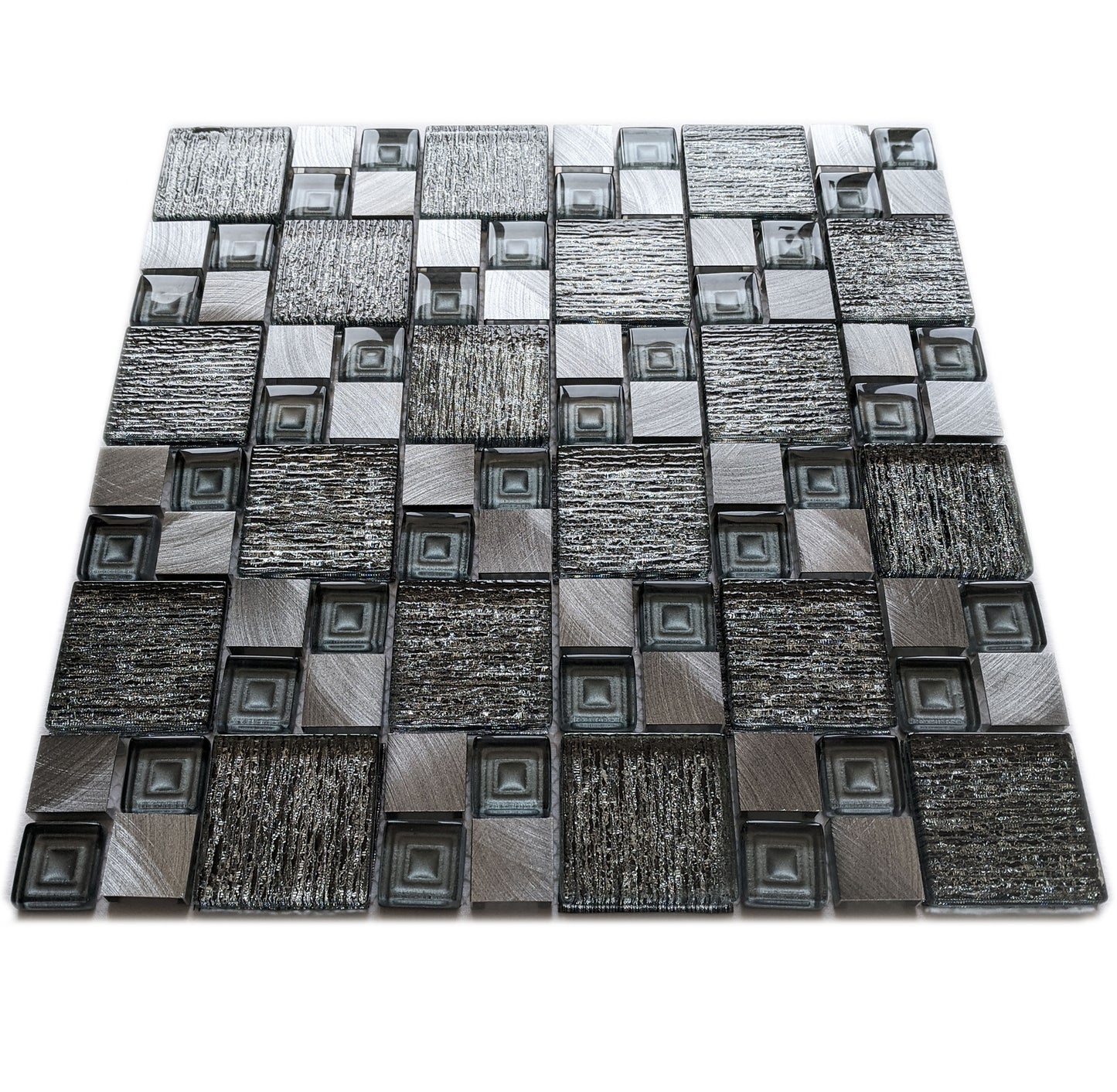 Silver Grey Textured Glass Brushed Steel Square Mosaic Wall Tile
