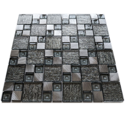 Silver Grey Textured Glass Brushed Steel Square Mosaic Wall Tile