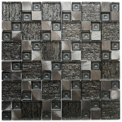 Silver Grey Textured Glass Brushed Steel Square Mosaic Wall Tile