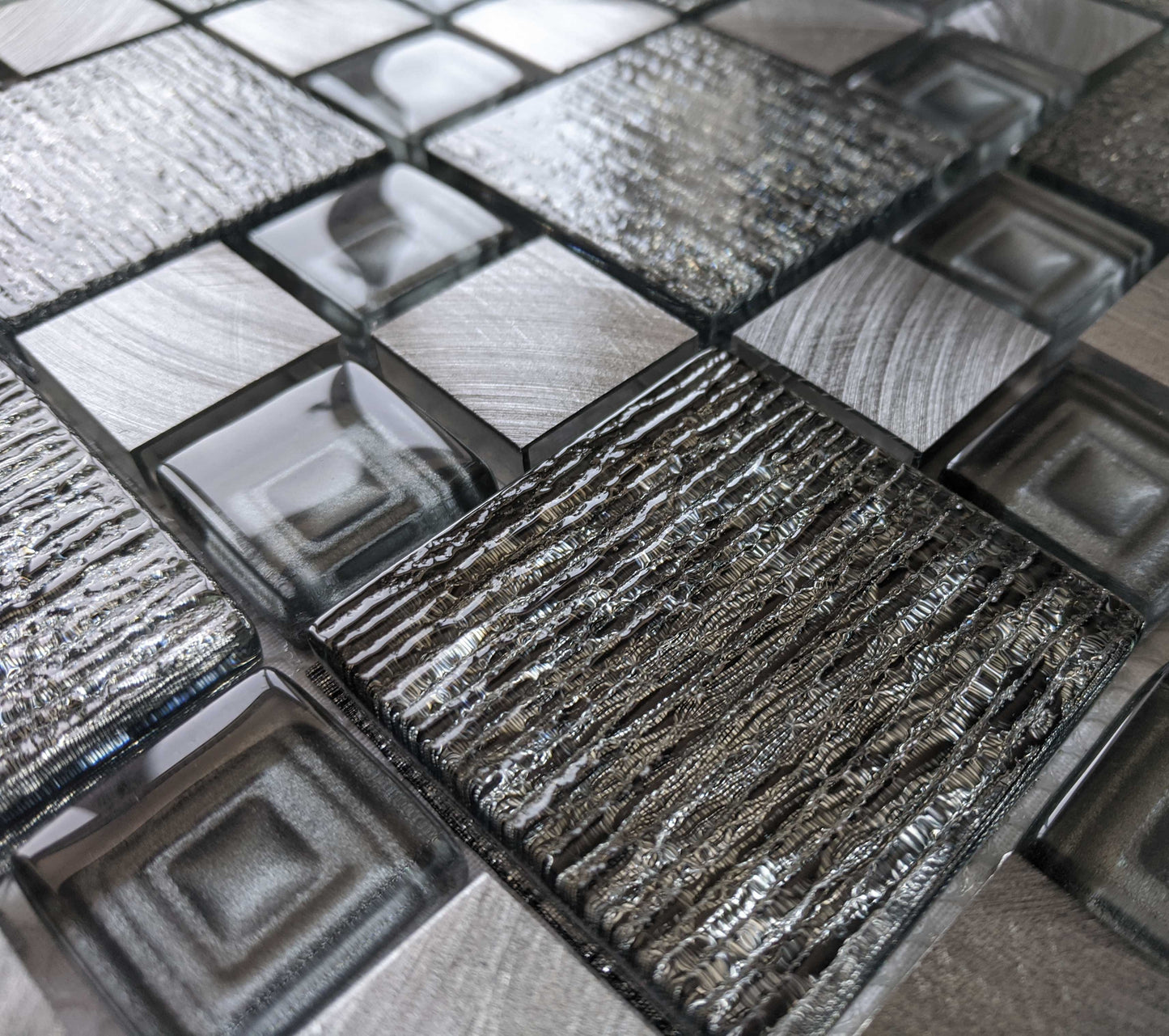 Silver Grey Textured Glass Brushed Steel Square Mosaic Wall Tile