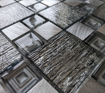 Silver Grey Textured Glass Brushed Steel Square Mosaic Wall Tile