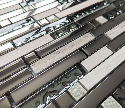 Silver Chrome Metal Glass Long Stone Rectangle Mosaic Wall Tile