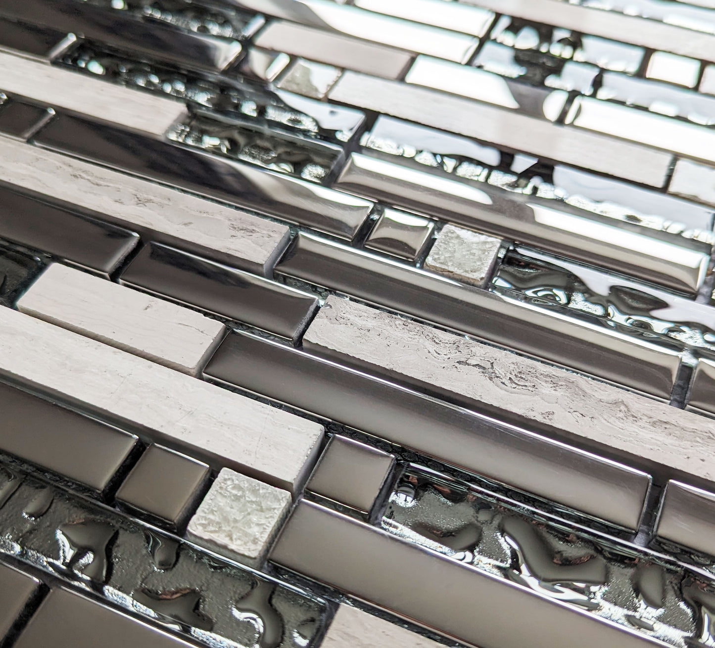Silver Chrome Metal Glass Long Stone Rectangle Mosaic Wall Tile