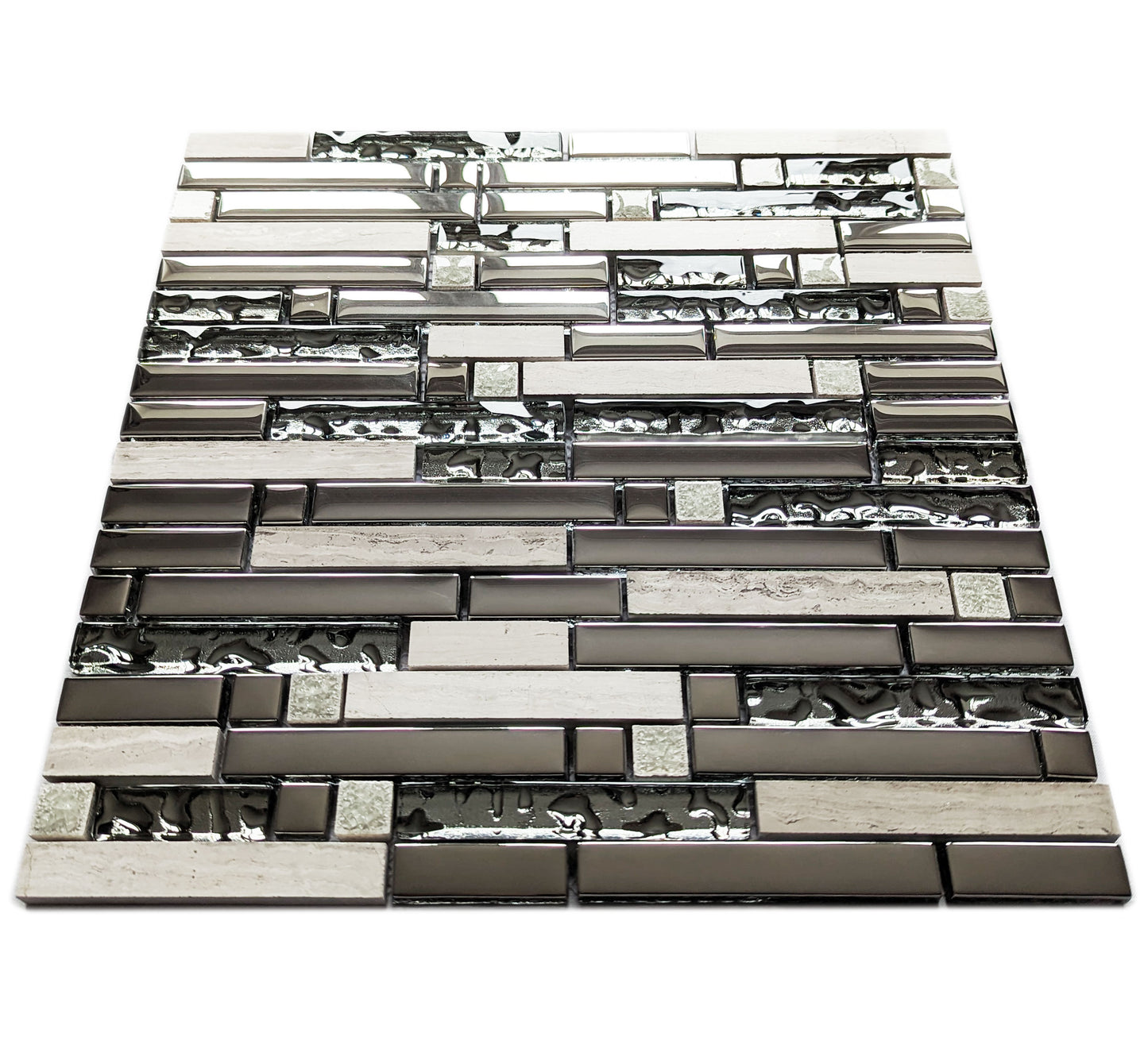 Silver Chrome Metal Glass Long Stone Rectangle Mosaic Wall Tile