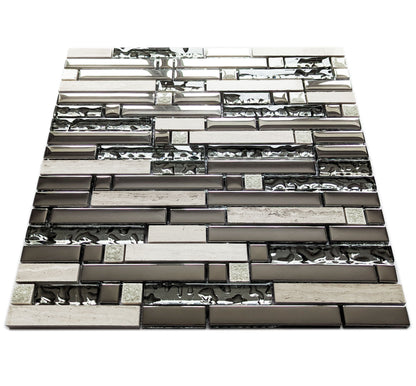 Silver Chrome Metal Glass Long Stone Rectangle Mosaic Wall Tile