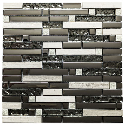 Silver Chrome Metal Glass Long Stone Rectangle Mosaic Wall Tile